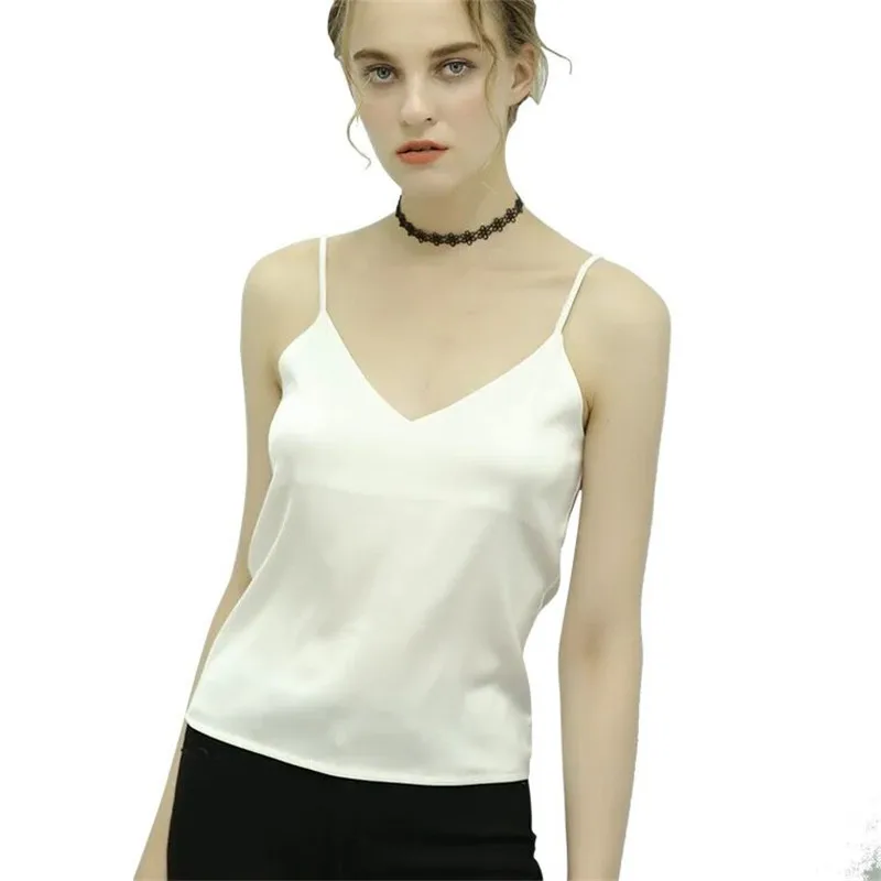 Top con tirantes finos para mujer, camisola básica blanca con cuello Halter y cuello en V, camisetas sin mangas de seda satinada, camisola de verano para mujer de talla grande