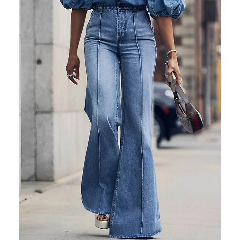 PLUS Size High Waist Wide Leg Jeans Women Casual Plain Denim High Waist Wide Leg Long Pants Loose Straight Trendy Long Pants