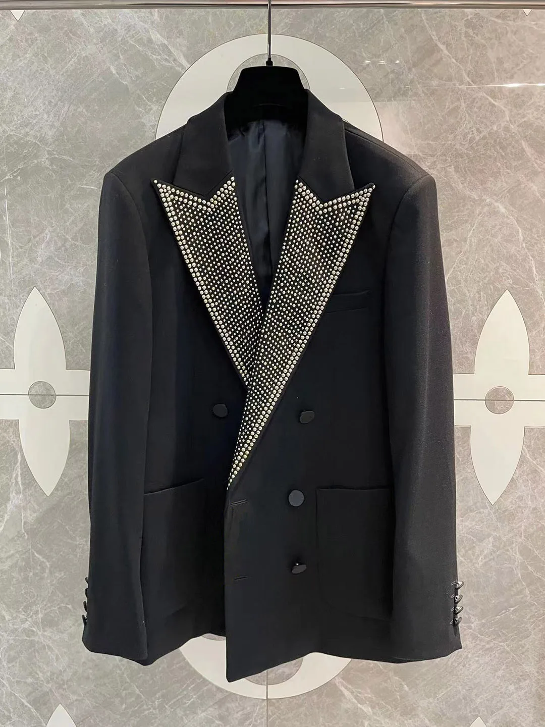 2022 early autumn heavy metal hand nail beaded double breasted wool suit jacket nightclub high sense men's suit trend