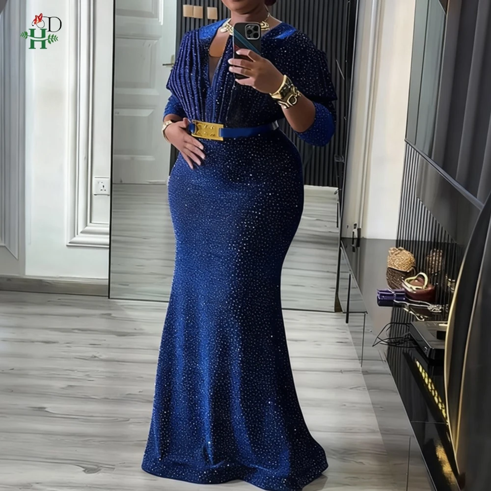 

H&D African Dress For Women Plus Size Turkey Dress V Neck Pleated Shoulder Mermaid Maxi Dress Wedding Party Robe Africa Clothing