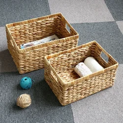 Handmade Woven Storage Box Handle Kitchen Sundry Organizer Laundry Basket Rectangular Closet Organizer Picnic Basket