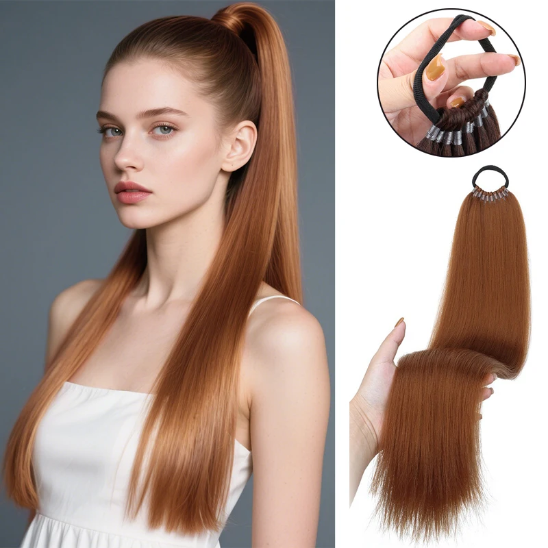 22Inch Synthetic Long Straight Ponytail Hair Extension Elastic Band Braided Ponytail Black Red Hairpiece for Women