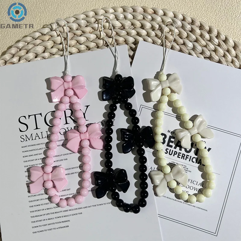 Y2K Bowknot Beaded Phone Chain For Girls Sweet Pink Bow Mobile Phone Lanyard Wrist Straps Anti-lost Phone Charm