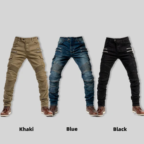 Imagen 2 del producto Nuevos pantalones de Moto de Motocross de estilo metálico con doble cremallera para hombre y mujer, pantalones vaqueros para montar al aire libre con equipo de protección, pantalones de motocicleta