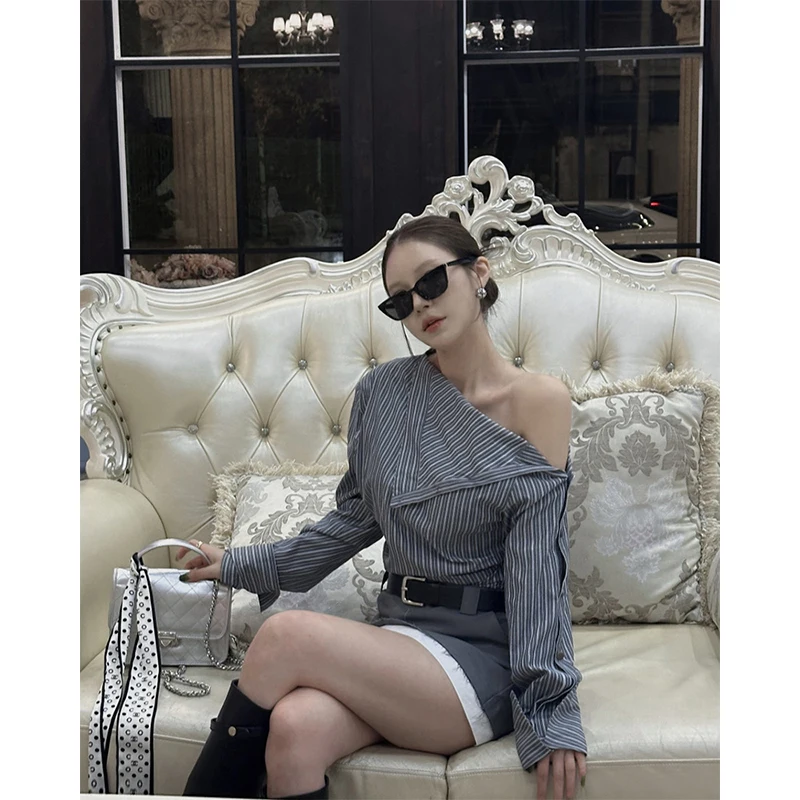 

MEXZT Elegant Striped Shirts Women Fashion Sexy Off Shoulder Blouses Office Ladies Korean Skew Collar Long Sleeve Design Tops
