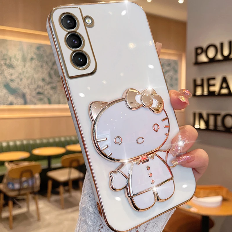 Luxury Plating Hello Kitty Case for Samsung Galaxy S23 S22 Ultra S21 S20 FE S10 S9 S8 Note 20 9 8 Plus 10 Lite Mirror Rack Cover