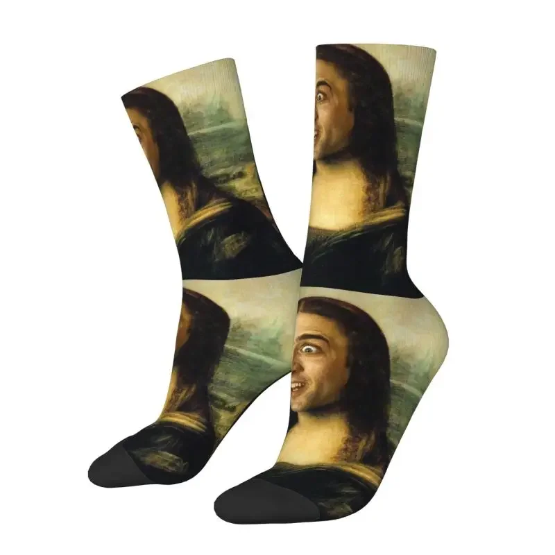 

Y2K Fun Mens Nicolas Cage Mona Lisa Funny Meme Dress Unisex Breathbale Warm 3D Printed Crew Socks