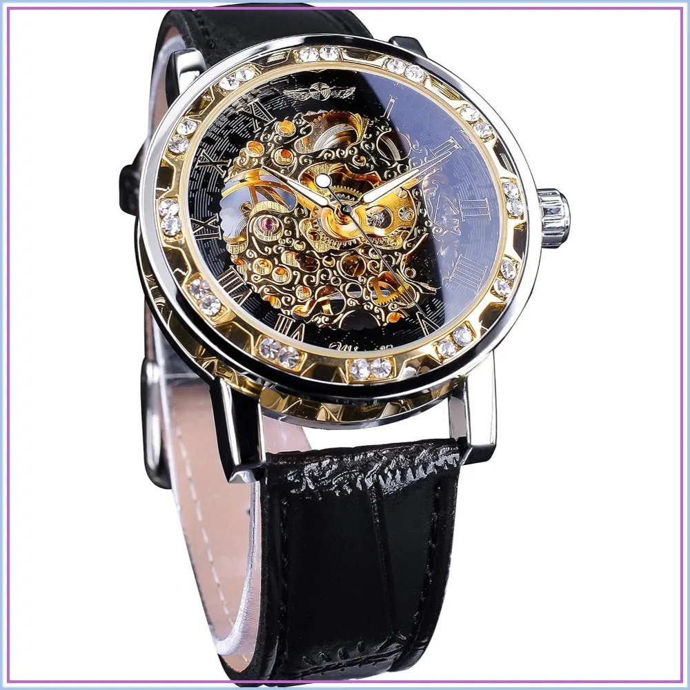 Retro Manual Mechanical Skeleton Watch with Diamond Carving Flower Craft Roman Numerals Men's Wrist Watch