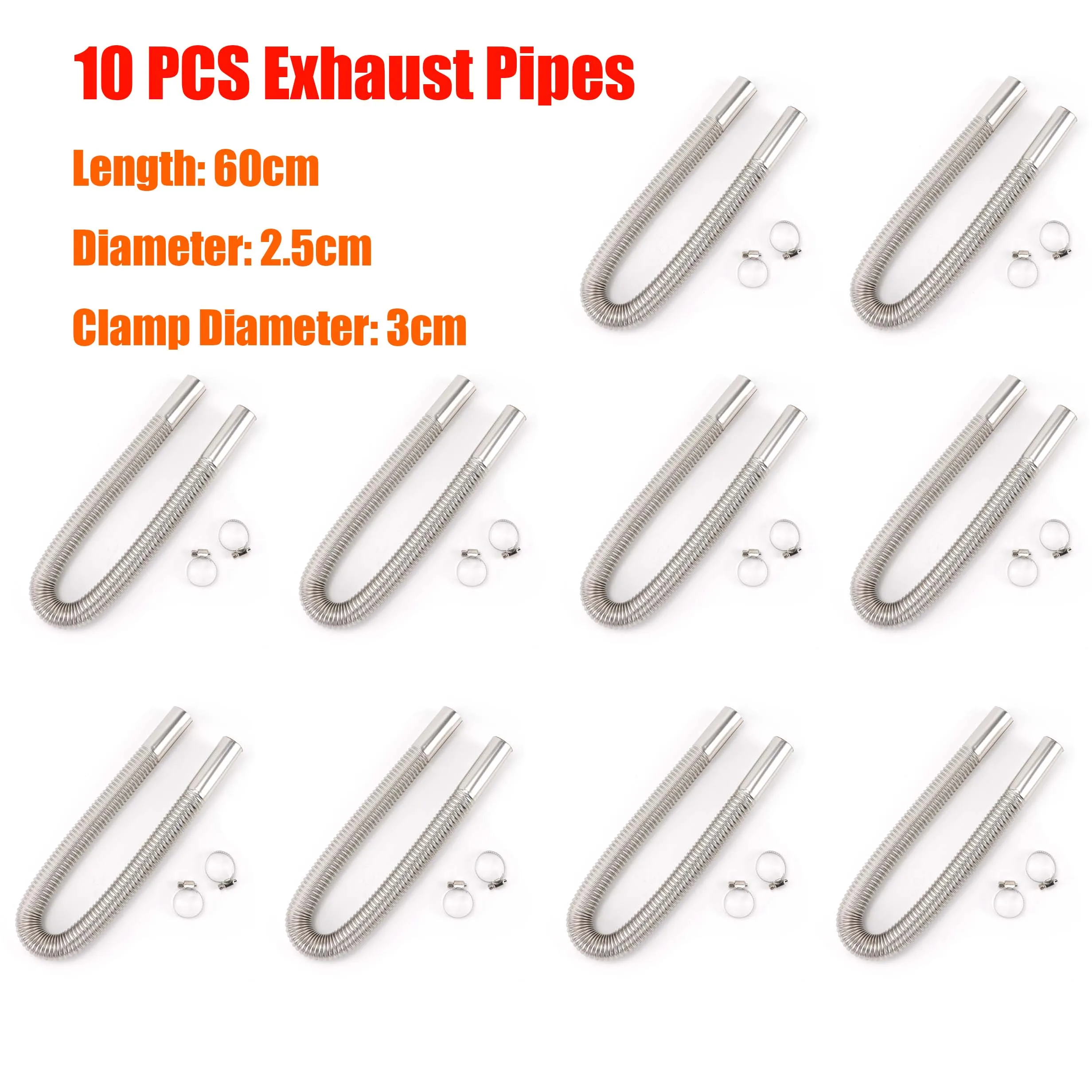 10pcs 60CM Air Diesel Parking Heater Stainless Steel Exhaust Pipe Tube Gas Vent Hose For Car Camper Caravan Truck Silver