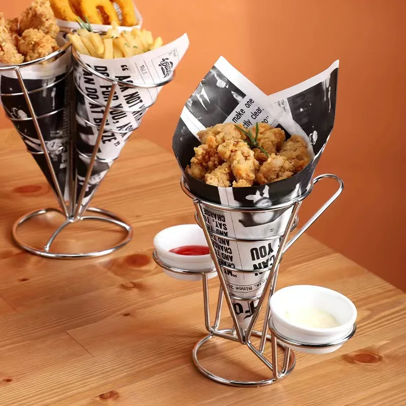 

Stainless Steel French Fries Fish And Chips And Appetizers Stand Cone Basket Fry Holder With Sauce Cup Kitchen Party Supplies