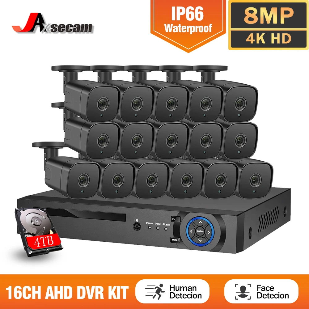 16CH Kit pengawasan wajah CCTV, kamera keamanan luar ruangan 8MP H.265 8.0MP IR, sistem Video pengawasan 4K 16ch DVR