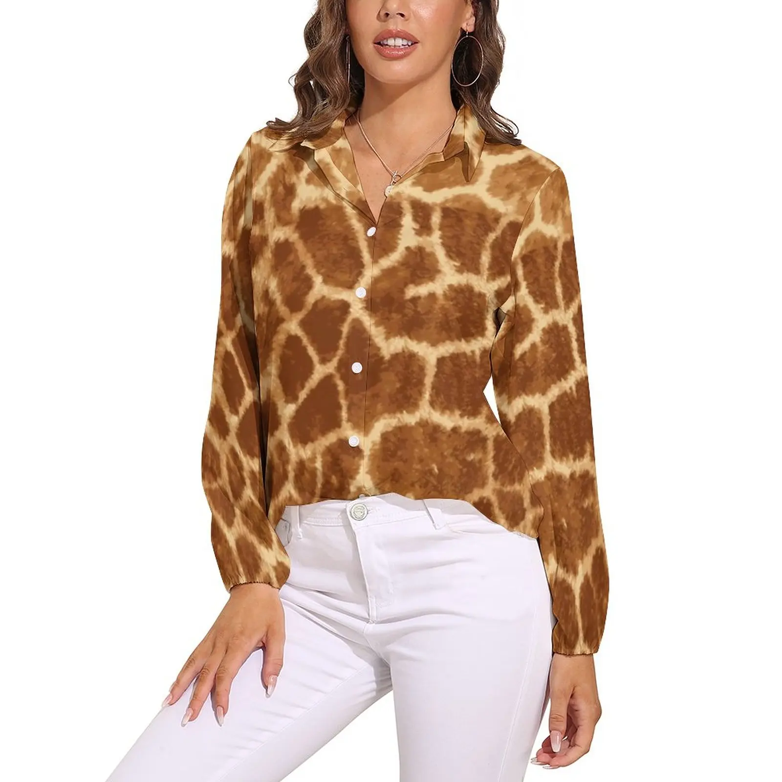 Giraffe Skin Print Blouse Long-Sleeve Animal Art Vintage Blouses Woman Street Style Oversized Shirts Clothing Birthday Gift