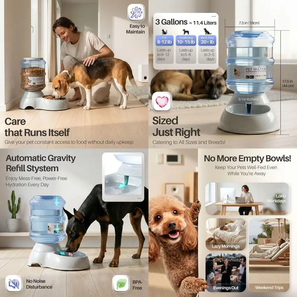 

2-Pack Automatic Pet Feeder & Waterer, Gravity-Fed Dog and Cat Bowls, 3-Gallon Plastic Containers with Non-Slip Rubber Base