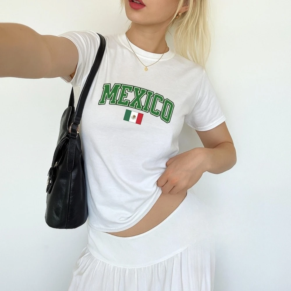Mexiko Y2k T-Shirt Mexiko Vintage 2000er Jahre Shirt Damen Mode Lässiges Rundhals-Baumwoll-T-Shirt Mexiko Alltag Unisex Streetwear