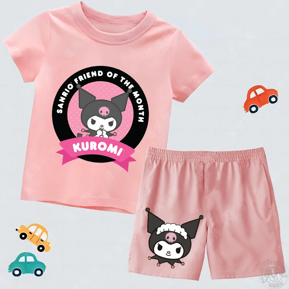 Children's Pure Cotton Multicolor T-shirt Breathable Shorts Girl's Fashion Print Sanrio Kuromi Kid Clothing Set Quick Drying