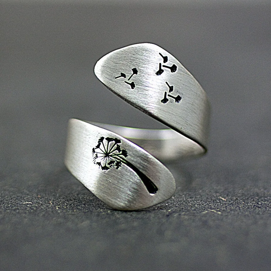 New dandelion seed s925 silver hand brushed winding ring