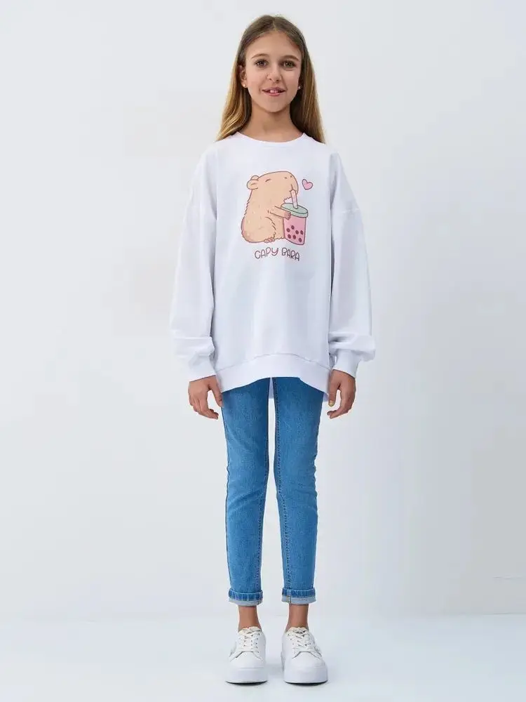สาวรัสเซียน่ารักเสื้อสีขาวน่ารักกระรอกการ์ตูนพิมพ์เสื้อแขนยาว Oversize ขนาดใหญ่หญิงสาวสบายๆ