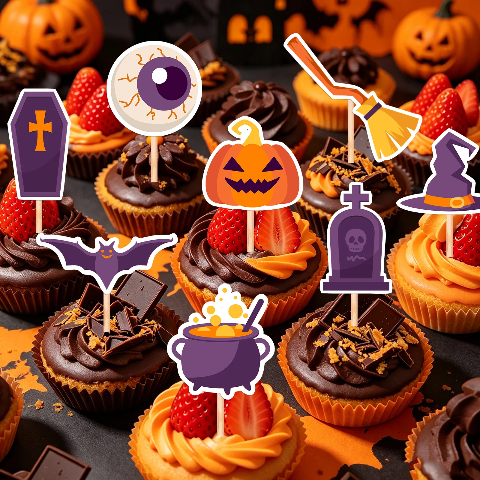 

Halloween Cupcake Toppers Spooky Pumpkin Bat Witch Hat Tombstone Cake Picks for Halloween Party Dessert Decorations