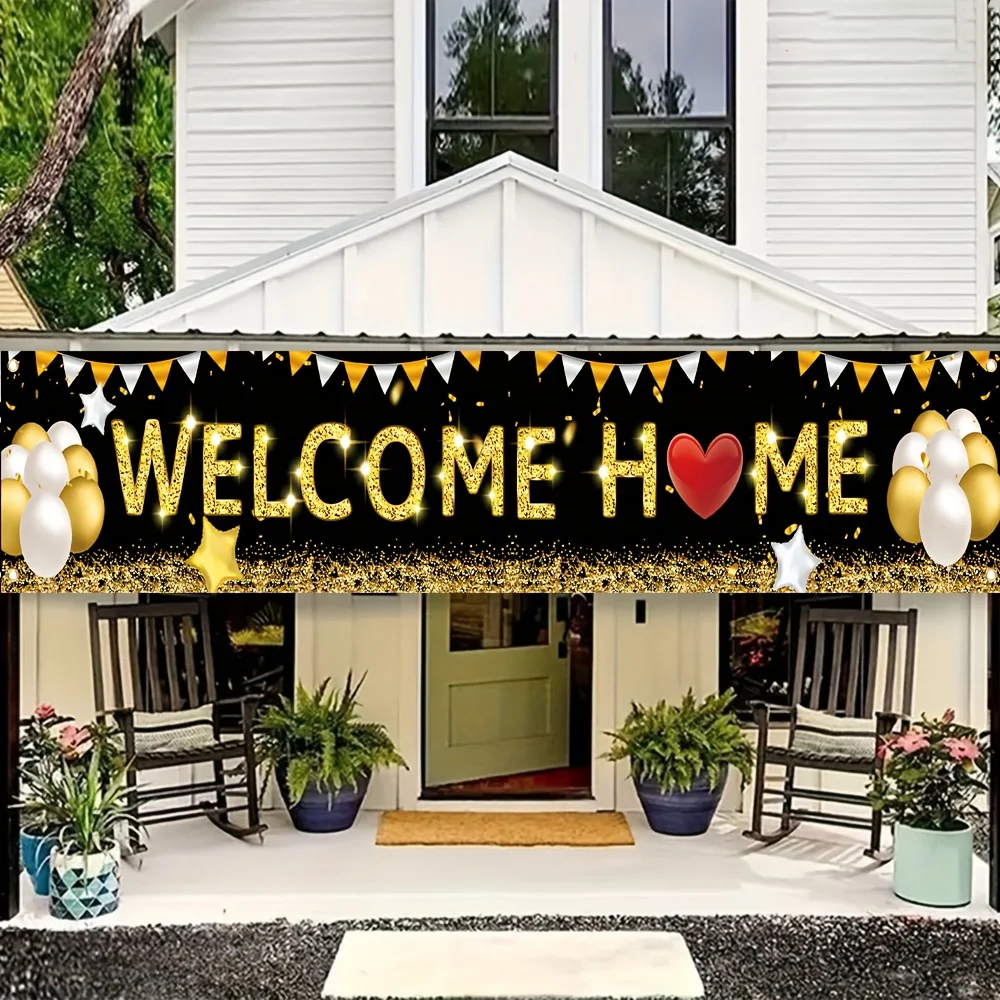 Black Gold Welcome Home Banner, Glitter Letter & Heart Design Yard Banner for Homecoming Party & Family Gathering Decor