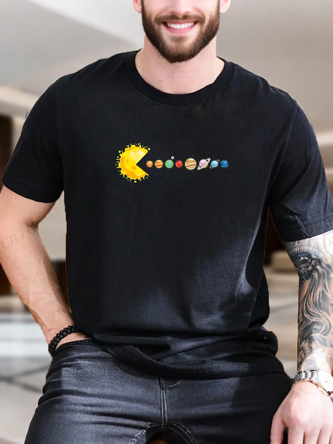 

New Arrival Fashion Planets Print Men's Cotton T-Shirt Breathable Soft Tee for Casual Wear Trendy Graphic Crewneck Short Sleeve T-Shirt