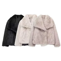 HH Women Fashion Faux Fur Jacket Vintage Turn-Down Collar Long Sleeve Coat Autumn Winter Woman Elegant Streetwear