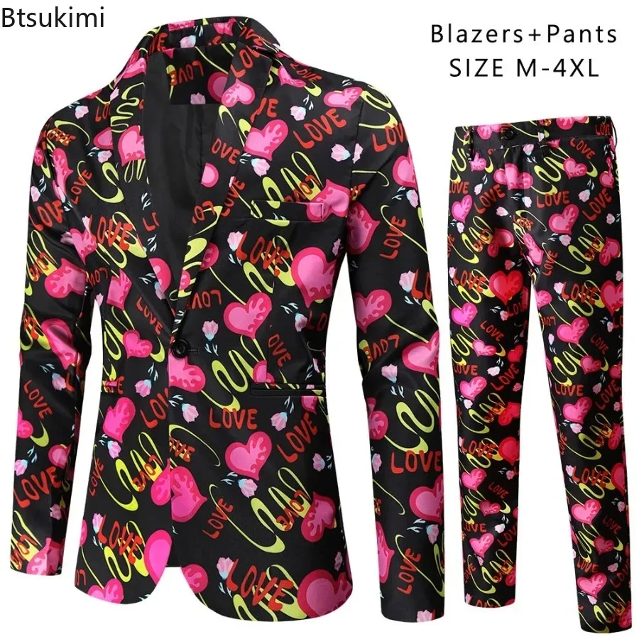 Zestawy garniturów męskich na przyjęcie świąteczne, płatek śniegu, Święty Mikołaj, uroczy, zabawny nadruk, marynarka, spodnie, Walentynki, ślub, moda, 2-częściowy komplet