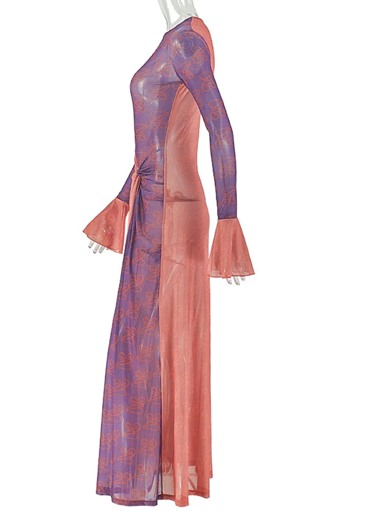 فستان ماكسي نسائي مثير من Kricesseen بقماش شفاف متدرج مطبوع بفتحة عالية وأكمام مضيئة وكفة ملتوية مكشكشة فستان ملهى ليلي #3