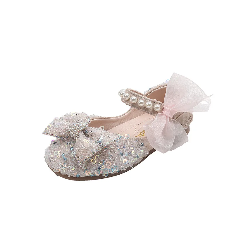 AINYFU Spring Kids Glitter Pearl Flat Princess Shoes Girls Lace Bow Wedding Leather Shoes Children Soft Bottom Dance Shoes