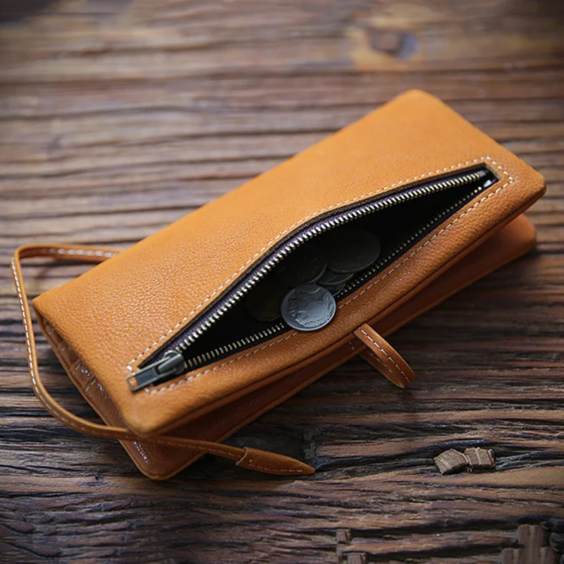 Genuine Leather Wallet For Men Women Cowhide Vintage Handmade Long Bifold Clutch Purse With Card Holder Zipper Coin Pocket Bag