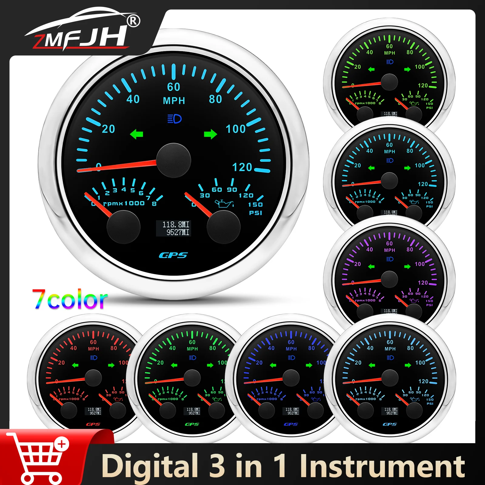 

7 Colors Backlight 3 In 1 GPS Speedometer 0-120 MPH Speed Gauge 0-8000RPM Tachometer 0-150PSI Oil Pressure Gauge For Car Truck
