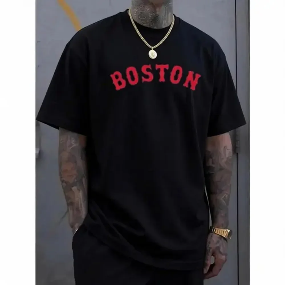 Men's Boston-Inspired Casual Tee - Cool, Comfortable & Stylish Letter Print Short Sleeve Shirt for Summer, Boston-inspired, Casual, Summer, Conventional Version, Leisure Style, Four Seasons