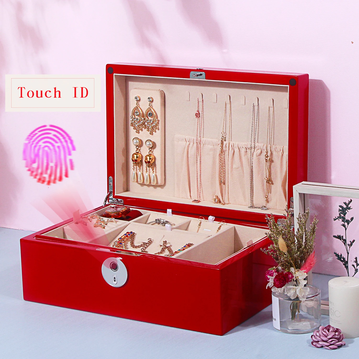 Portable Jewelry Collection Box Fingerprint 2-Layer Jewelry Storage Organizer for Travel Lockable Jewelry Display for Christmas
