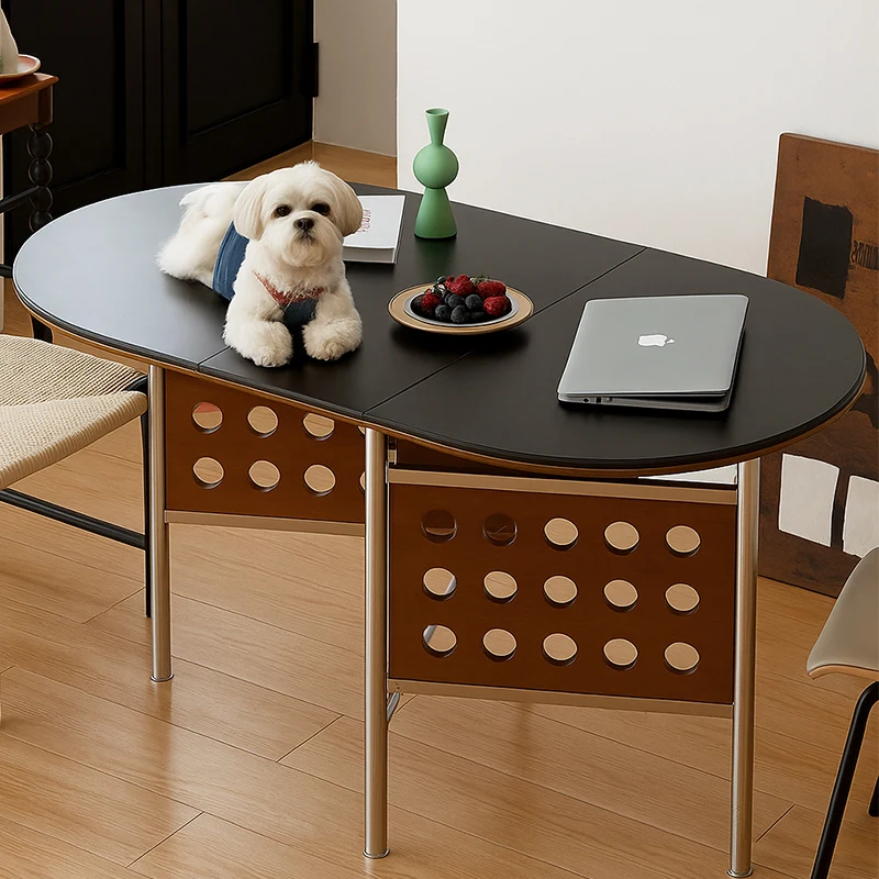 

Medieval folding dining table Household small apartment telescopic solid wood rock slab does not take up space Work against