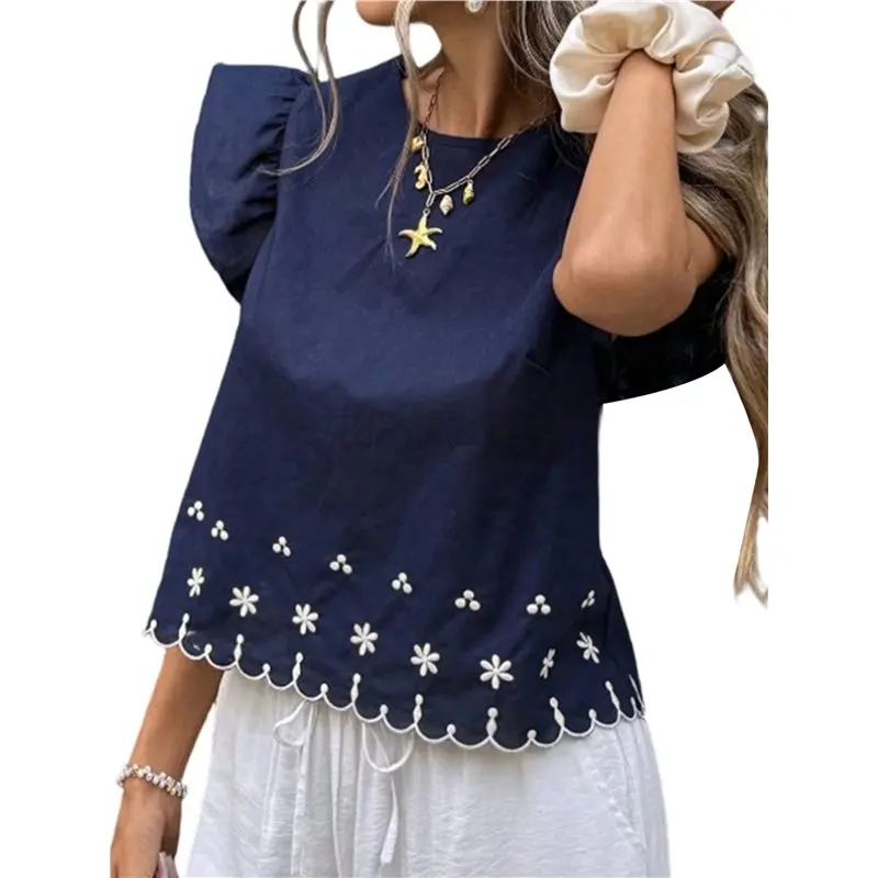 

CYL-Women's Boho Ruffle Short Sleeve Blouse Top Dressy Casual Summer Floral Embroidered Shirt