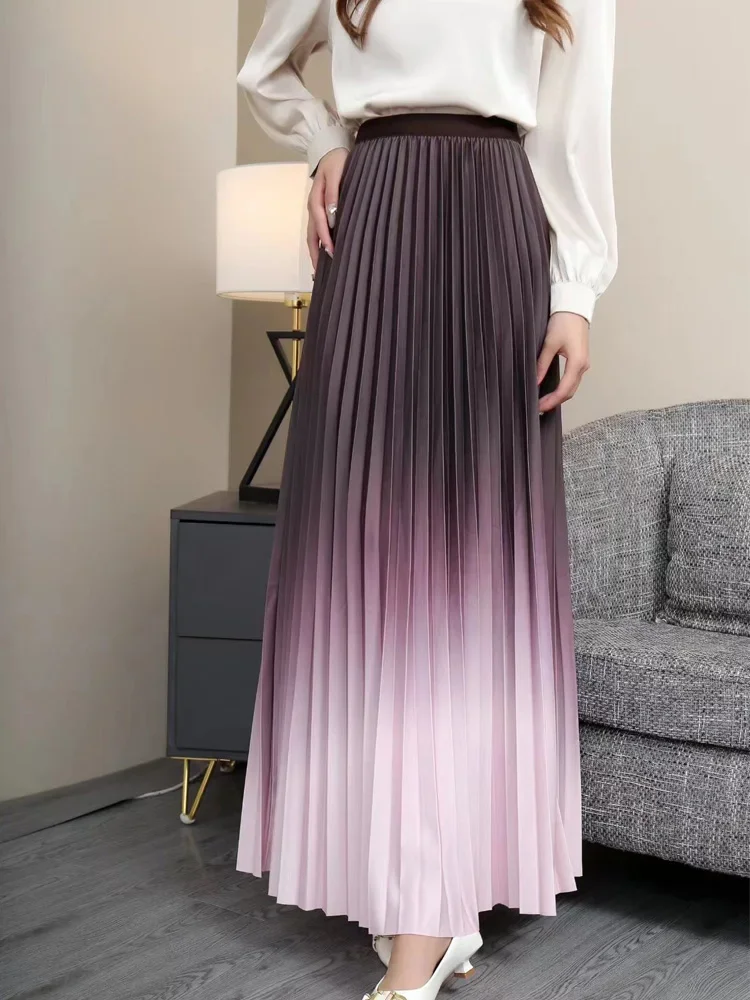 Floor-Length Long Pleated Skirt Women Gradient Color Lengthen Maxi Skirt Women Casual Patchwork Elegant Skirt Female