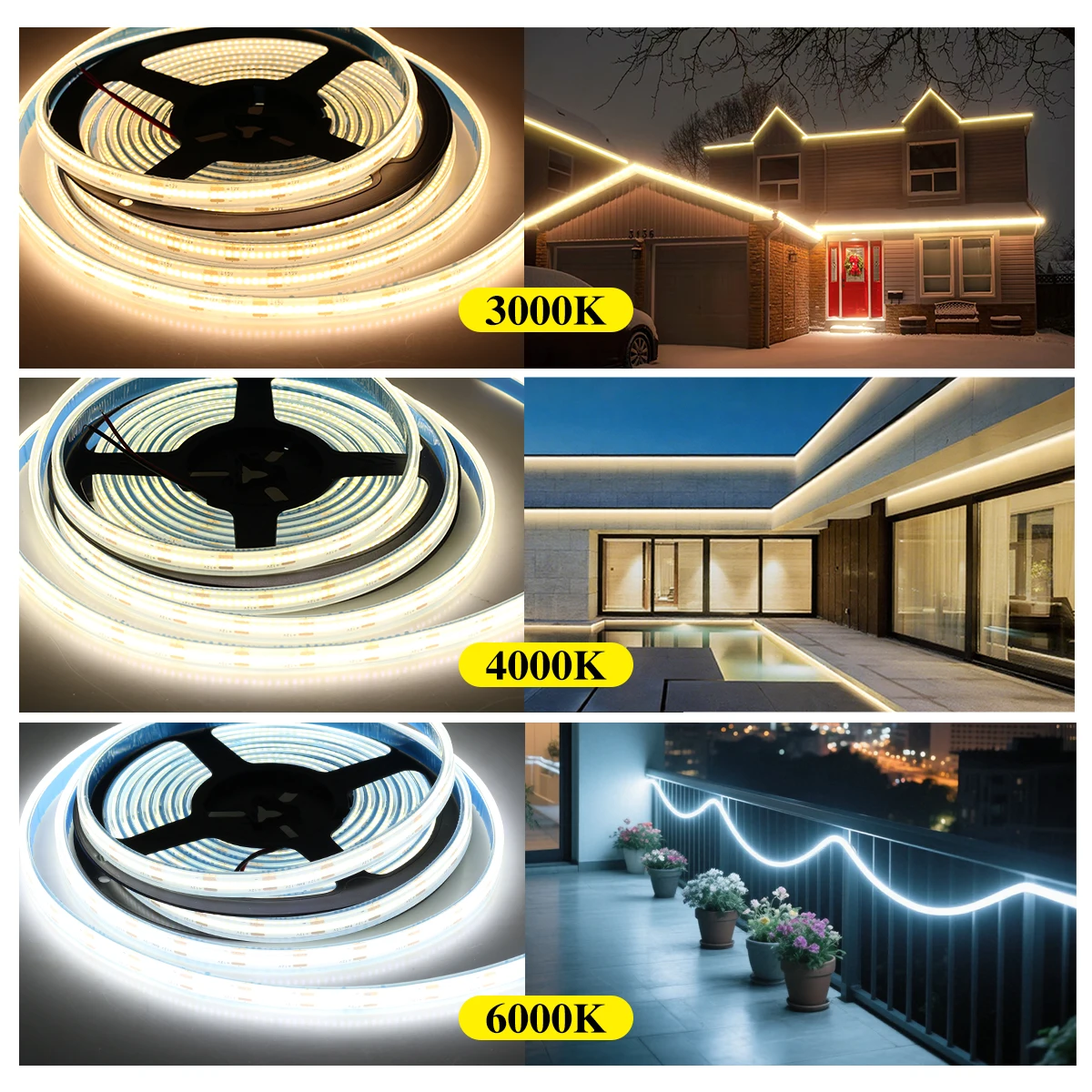 3000K/4000K/6000K Flexible LED Light Strips, 12V/24V COB Waterproof High-Density Linear Lighting Strips - Easy To Install