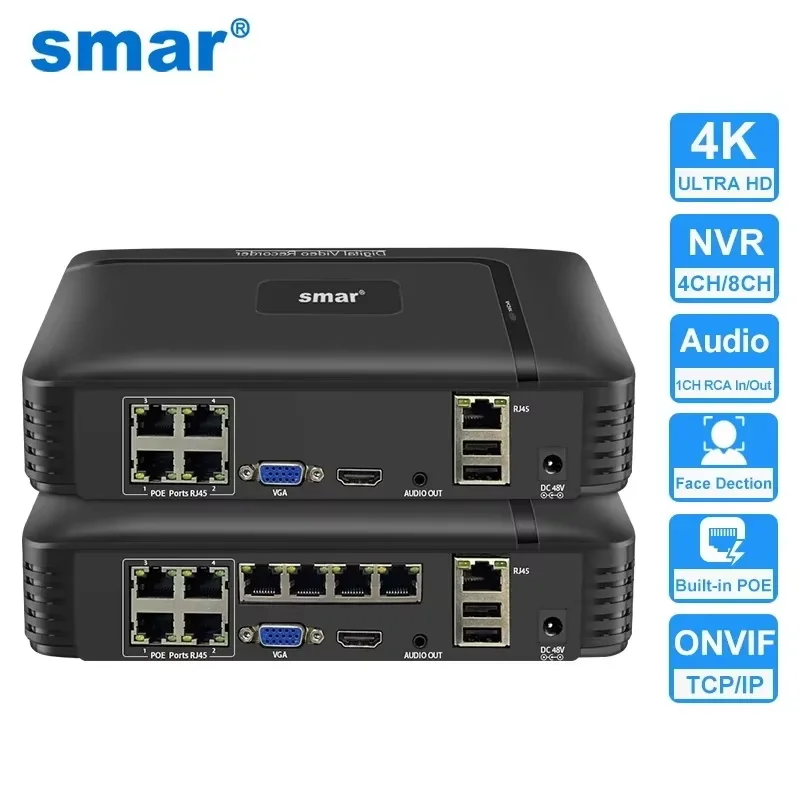 Smar 4CH/8CH 1080P 5MP 4K POE H.265 شبكة مسجل فيديو NVR نظام كاميرا الأمن مراقبة الصوت AI كشف الوجه Icsee