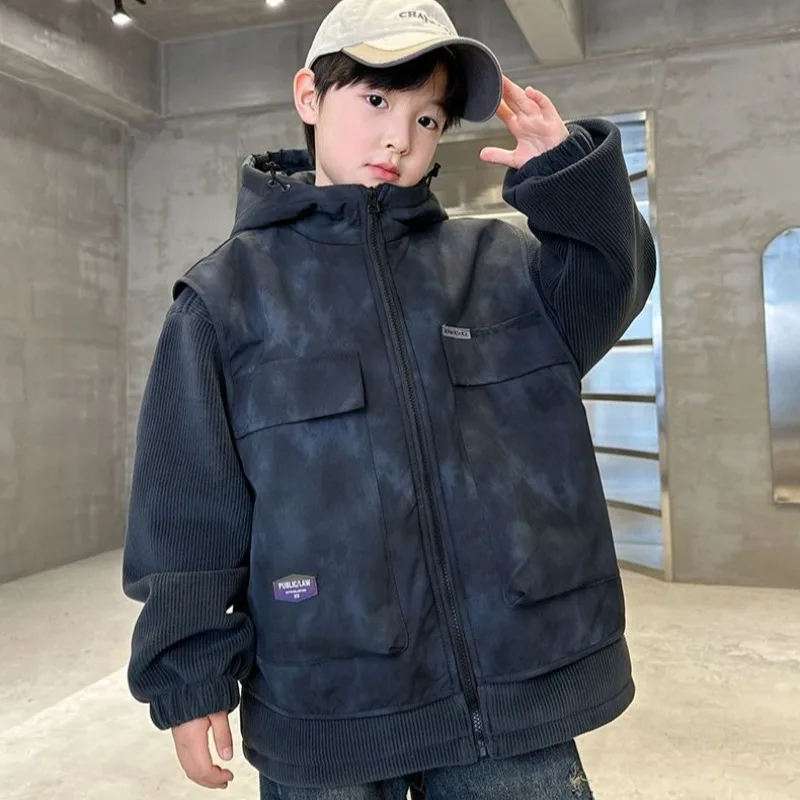 

Boys' Lined Cotton Trench Coat Autumn/Winter 2025 Thickened Kids' Pseudo-Two-Piece Design Stylish Medium-Large Coat