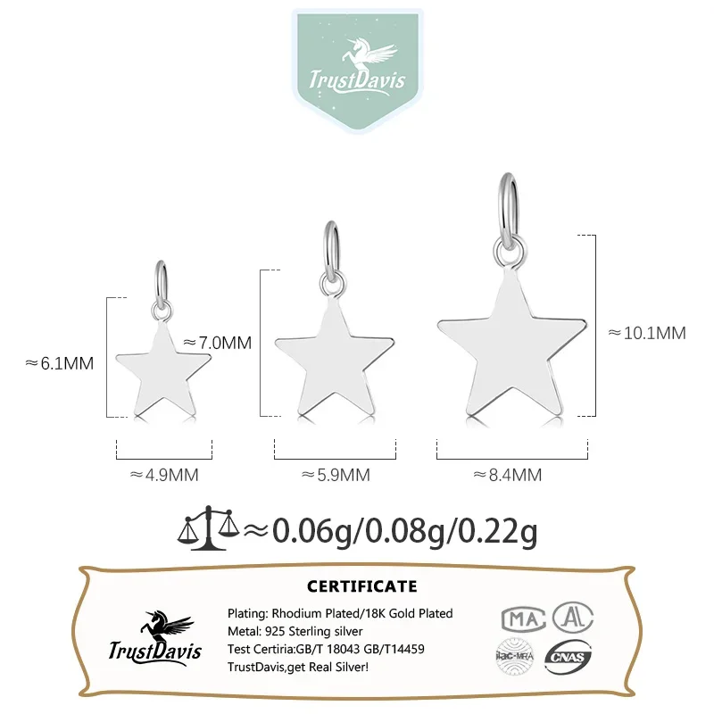 TrustDavis 5Pcs/lot Real 925 Sterling Silver Fashion Mini Star Charm Pendant Handmade DIY Accessories Jewelry Wholesale HY075