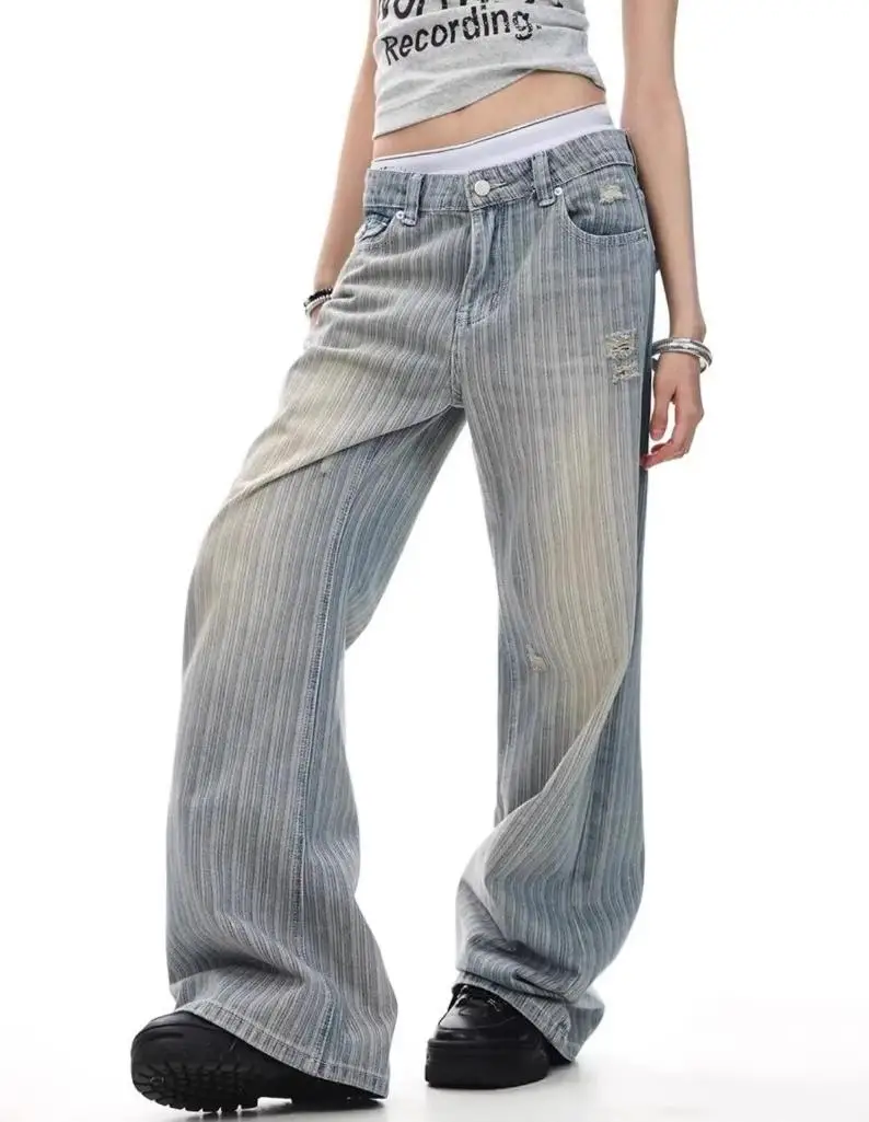 2026 Retro American Waed Striped Hole Denim Jeans Loose High Street Micro Flared Cleanfit Casual Long Trousers for Men And Women