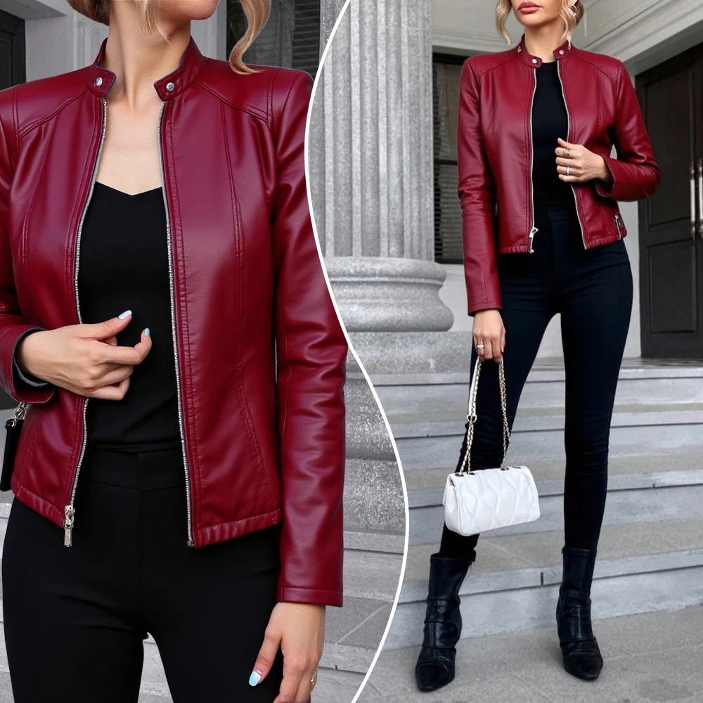 

Slim Fit Faux Leather Y2K Jacket Women Classic Moto Biker PU Leater Jacket Spring Autumn Basic Zipper Coat Outerwear