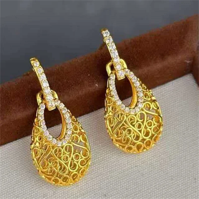 

24K Au999 Gold Filigree Water Drop Earrings for Women, Vintage Hollow Out Zircon Inlaid Dangle Earrings, Luxury Jewelry Gift