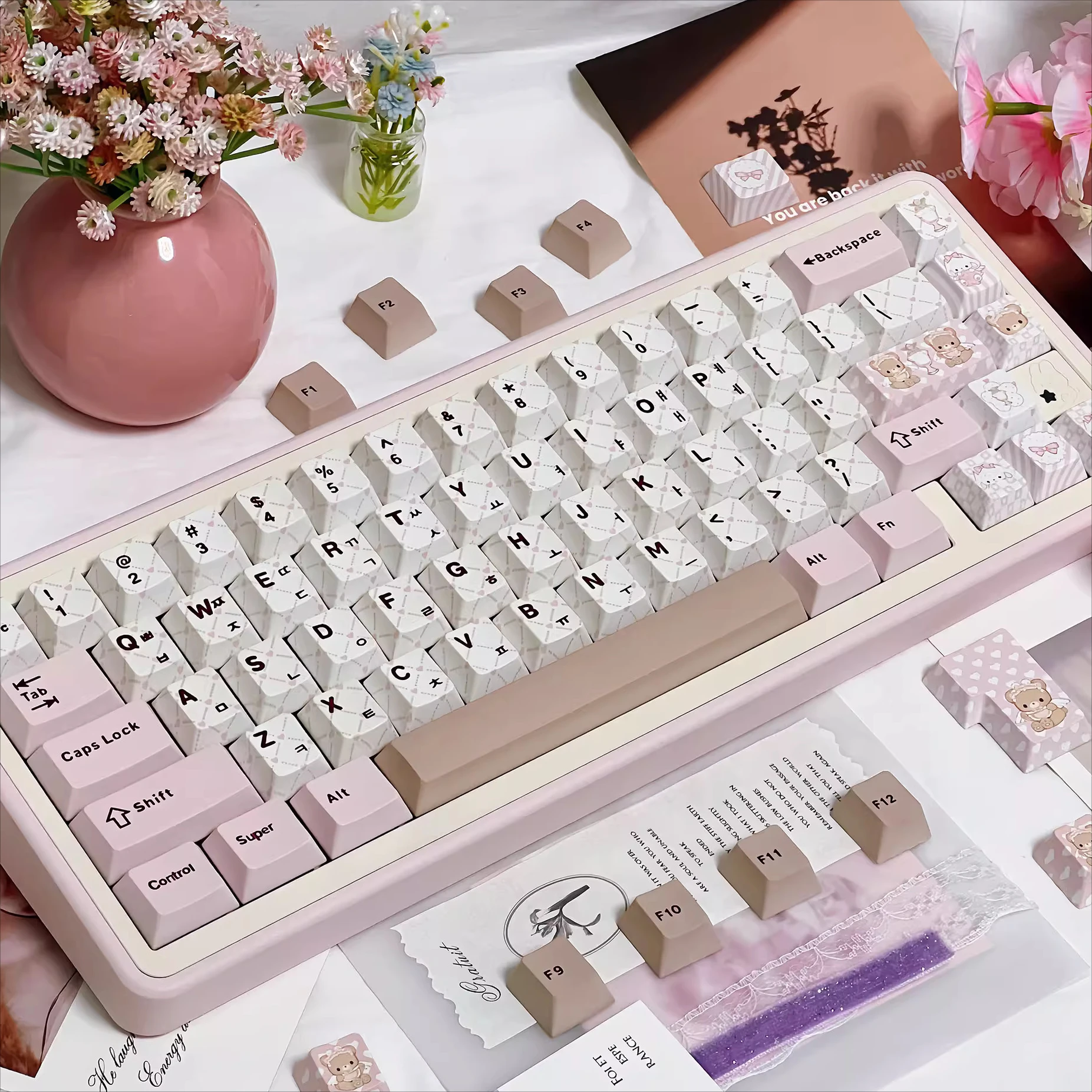 

Bear tea party keycap pink pbt hot sublimation modified keycap five-sided hot sublimation cherry blossom powder multi-column key
