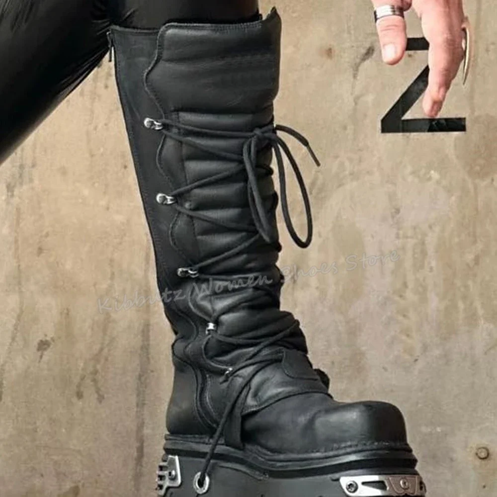 Rock Punk Motorcycle Boots Knee High Dark Style Round Toe Thick Bottom Genuine Leather Solid Color Fashion Sexy Women Shoes New