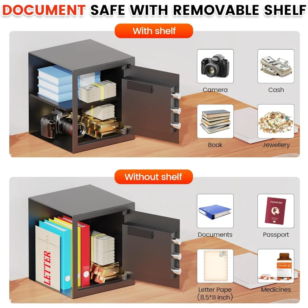 Biometric Fingerprint Safe Box, 1.3 Cuft Home Security Safe with Fireproof Waterproof Bag, Combination Keypad, Anti-Theft Dual A