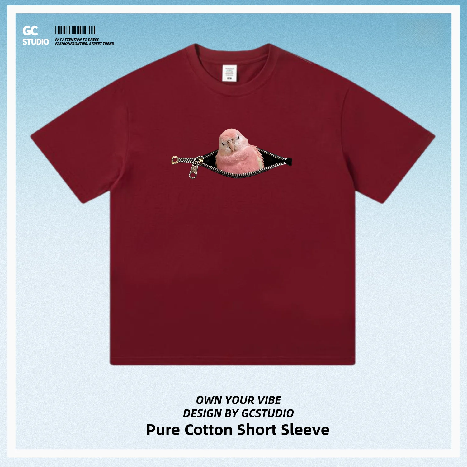 Cute Pet Parrot Short Sleeve T-Shirt Pure Cotton Sport Fitness Unisex Summer Breathable round Neck Zipper Pink Autumn Grass