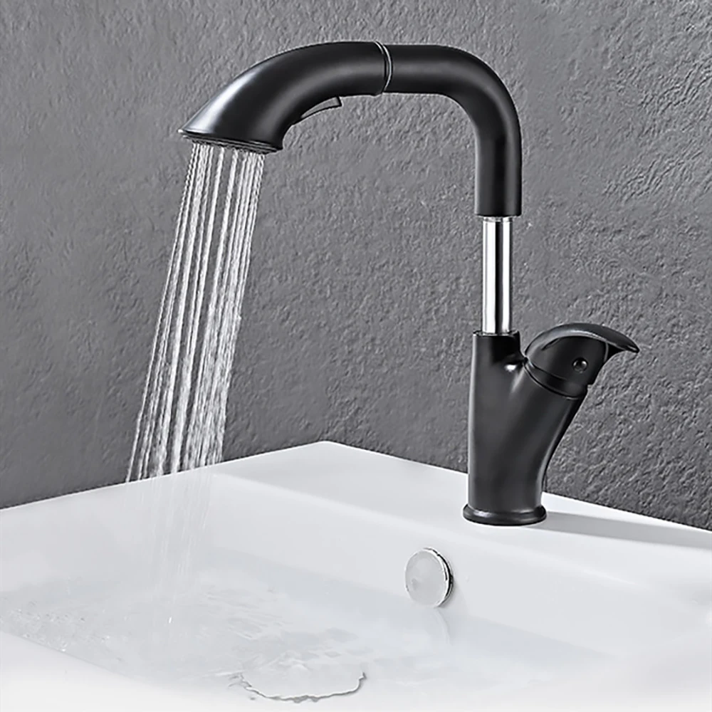 Tianview Black pull-out bathroom basin faucet cold and hot basin brass body sink washbasin bathroom shower water column faucet