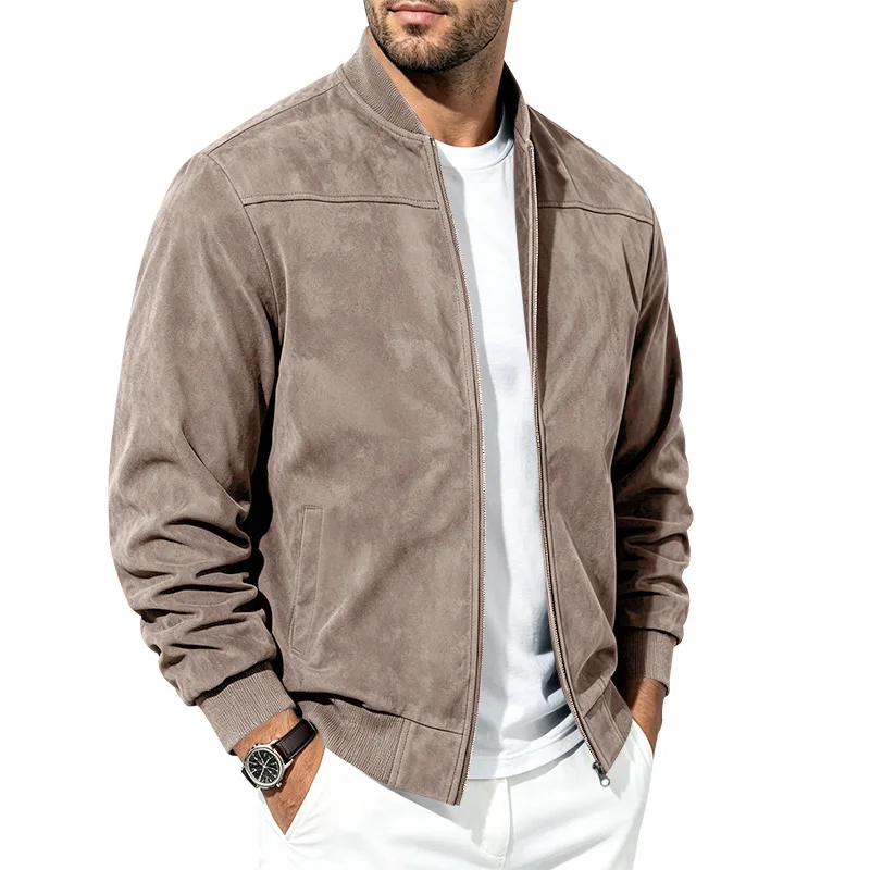 Herren Herbst- und Winter-Freizeitjacke in Übergröße aus Wildleder mit Reißverschluss und Stehkragen, Langarm – Detail 10
