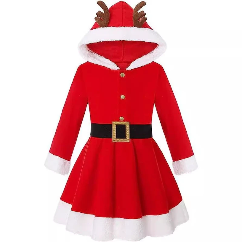 Red Christmas Hooded Dress Reindeer Antler Decor Furry Trim Belt Design Santa‑Style Costume for Xmas Party Cosplay Festive Wear