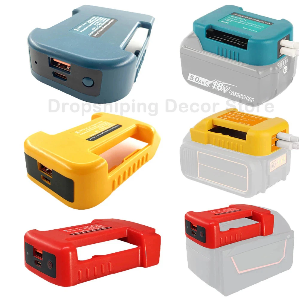

USB-адаптер для зарядного устройства, совместимый с Makita, Dewalt, Milwaukee 18 В, литий-ионный с держателем батареи USB Type-C, быстрая зарядка
